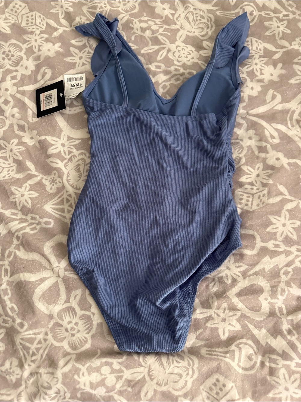 Ellen Tracy from Marshalls. Blue Ribbed One-Piece Swimsuit with Ruffle Straps - Picture 5 of 7